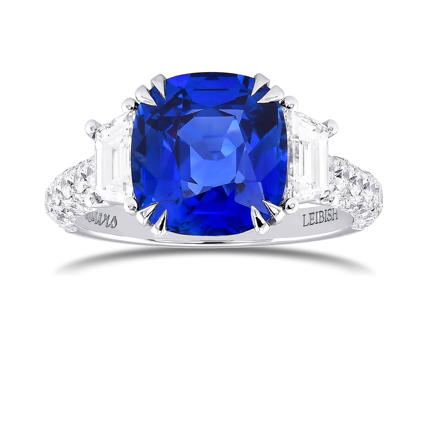 Cushion Sapphire & Trapezoid Diamond Side Stone Ring
