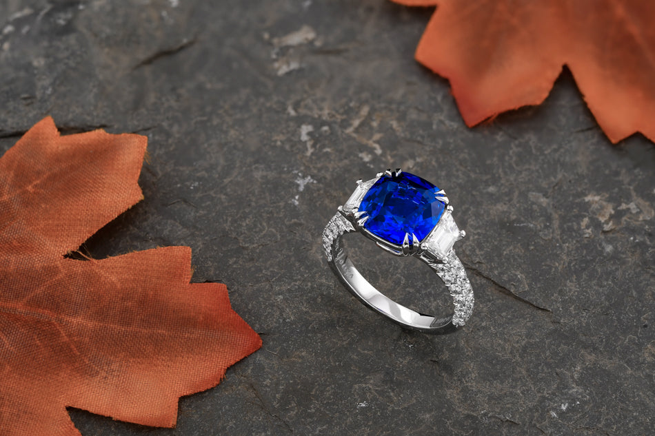 Cushion Sapphire & Trapezoid Diamond Side Stone Ring