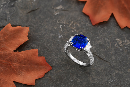 Cushion Sapphire & Trapezoid Diamond Side Stone Ring