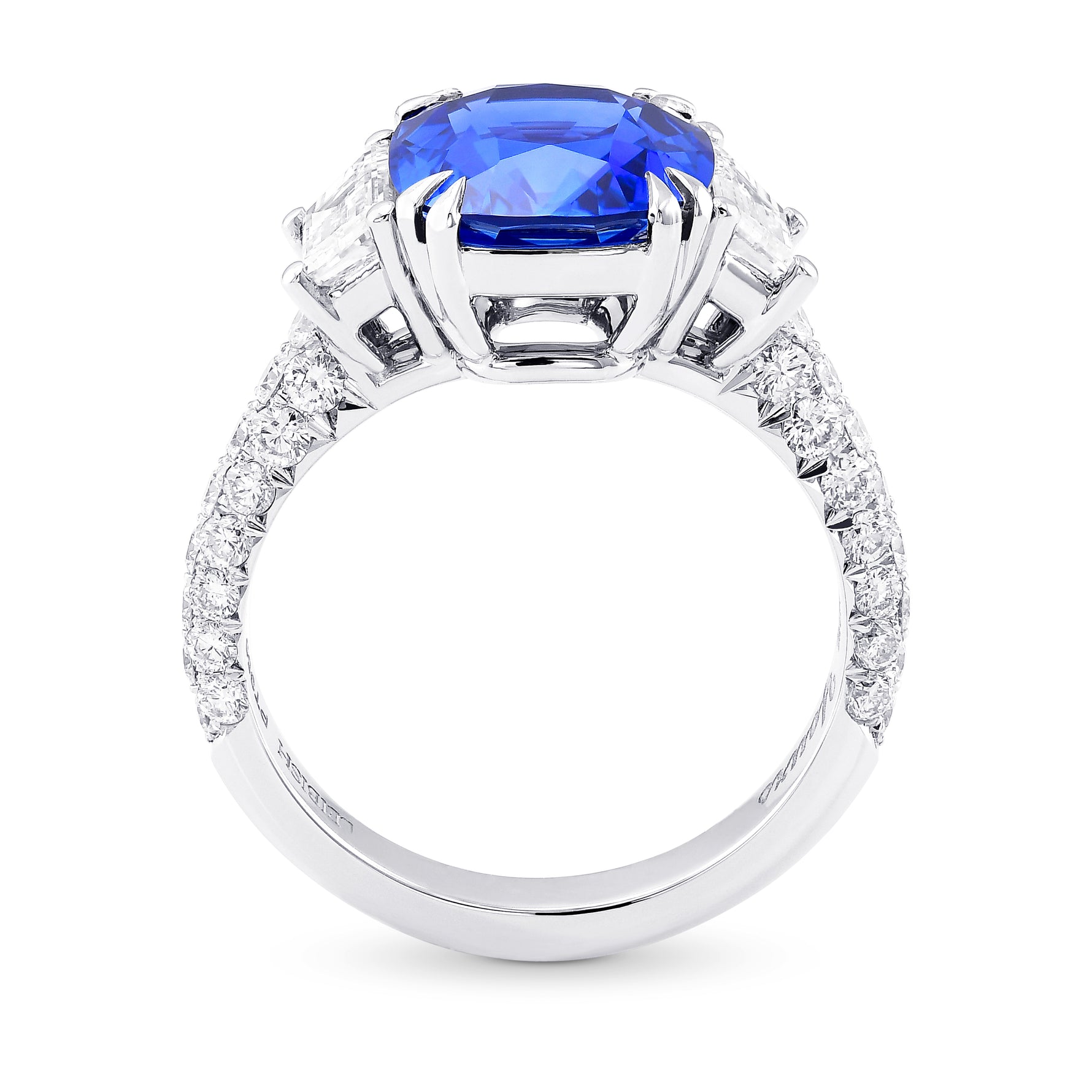 Cushion Sapphire & Trapezoid Diamond Side Stone Ring