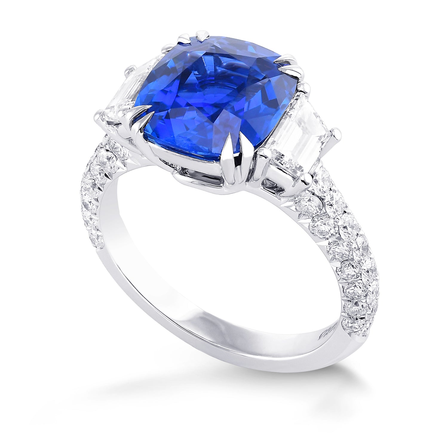 Cushion Sapphire & Trapezoid Diamond Side Stone Ring