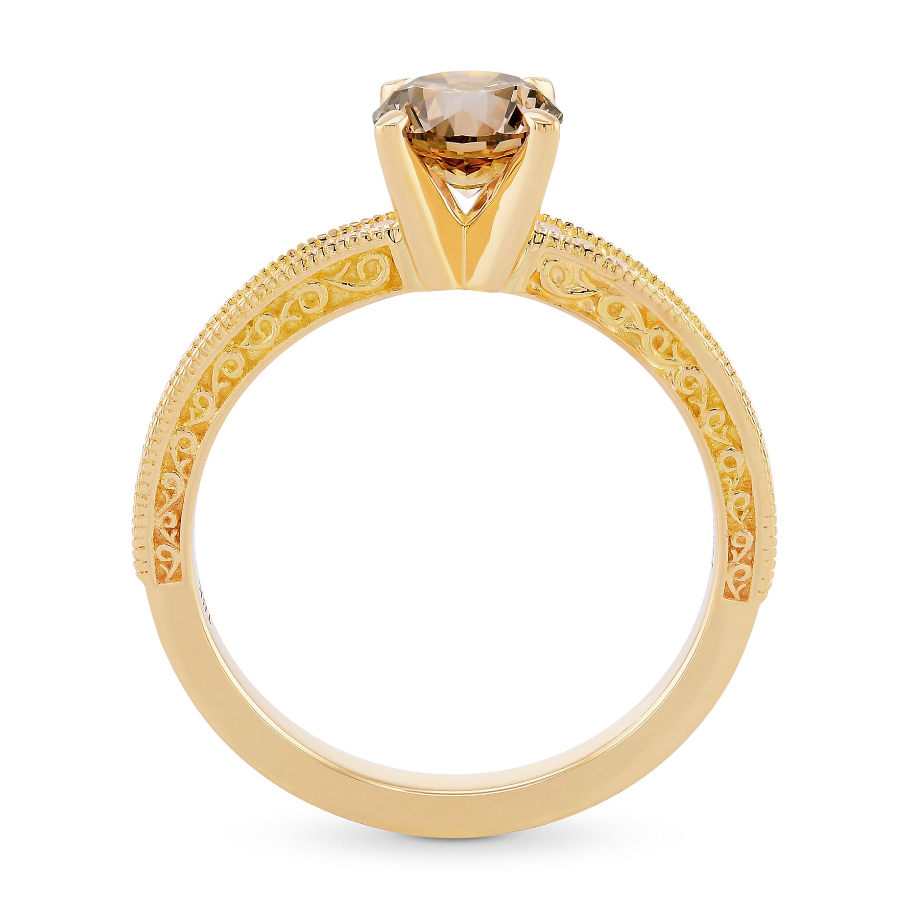 Fancy Yellowish Brown Round Diamond Side Stone Ring