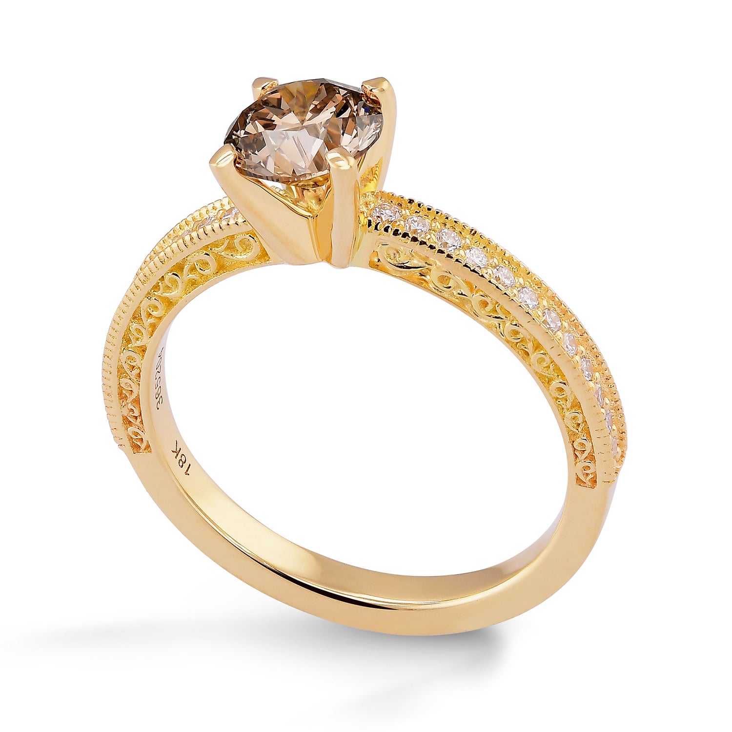 Fancy Yellowish Brown Round Diamond Side Stone Ring
