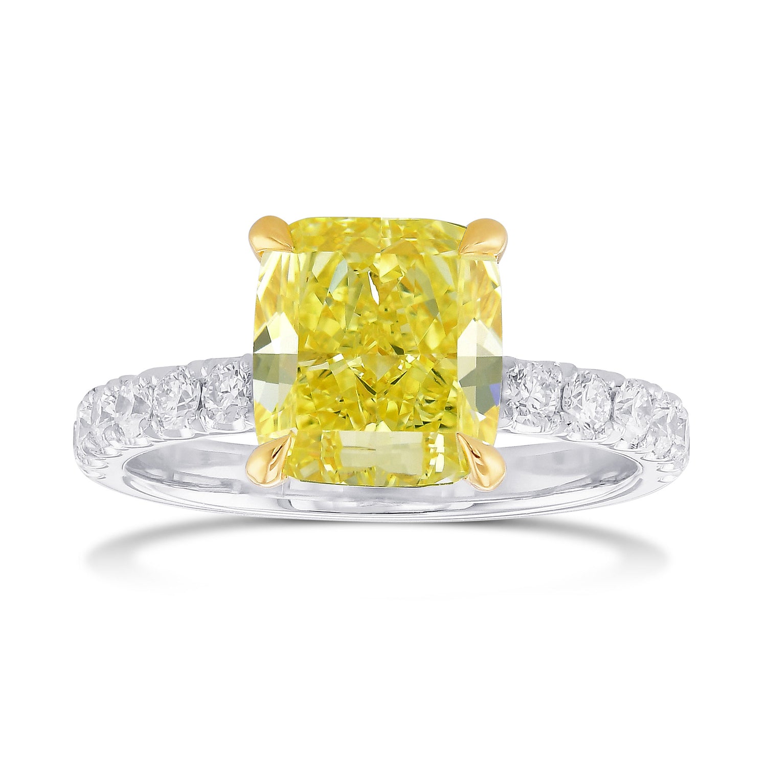 Fancy Intense Yellow Cushion Diamond Side Stone Ring