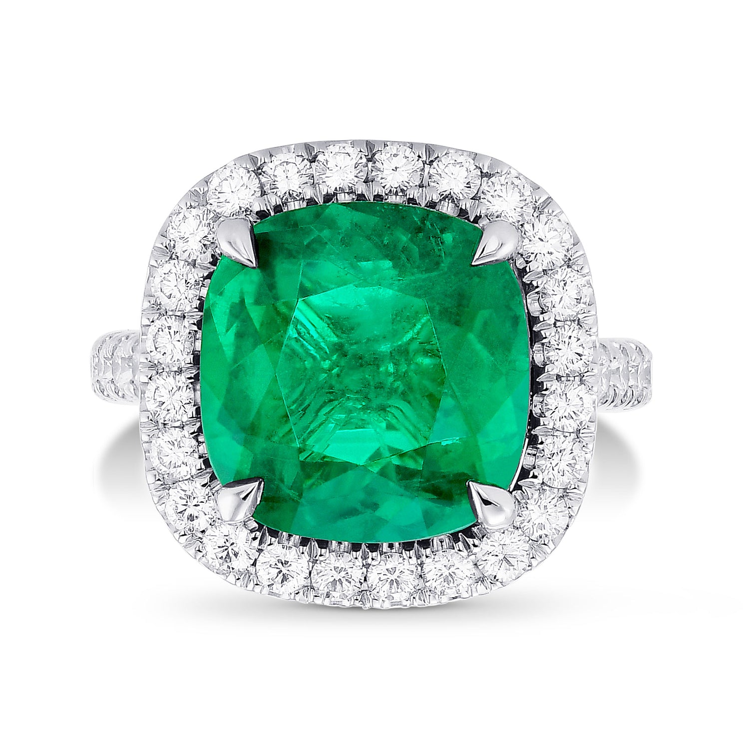  Green Cushion Colombian Emerald and Diamond Halo Ring