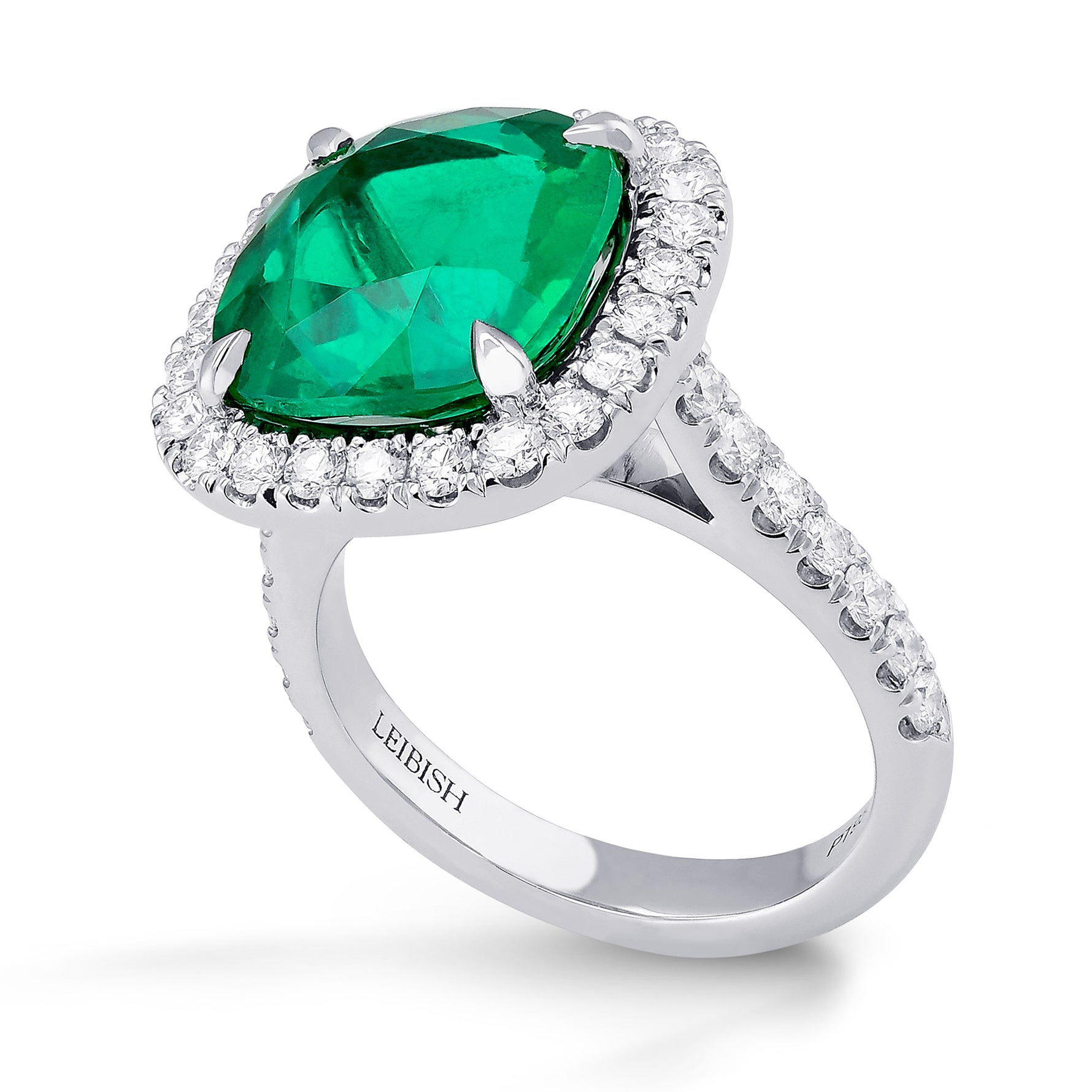  Green Cushion Colombian Emerald and Diamond Halo Ring