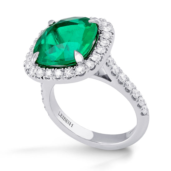  Green Cushion Colombian Emerald and Diamond Halo Ring