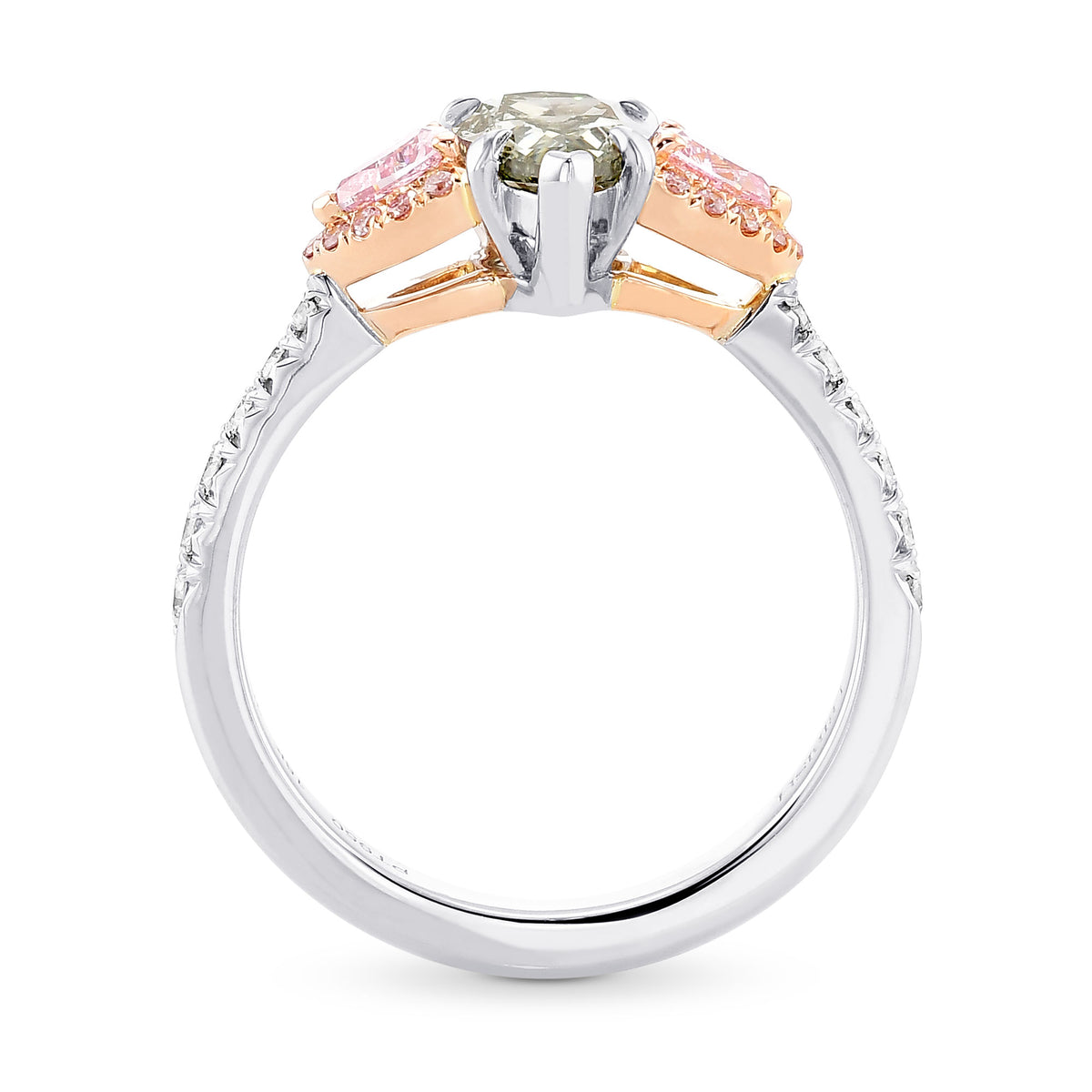 Chameleon and Pink Diamond Three Stone Ring