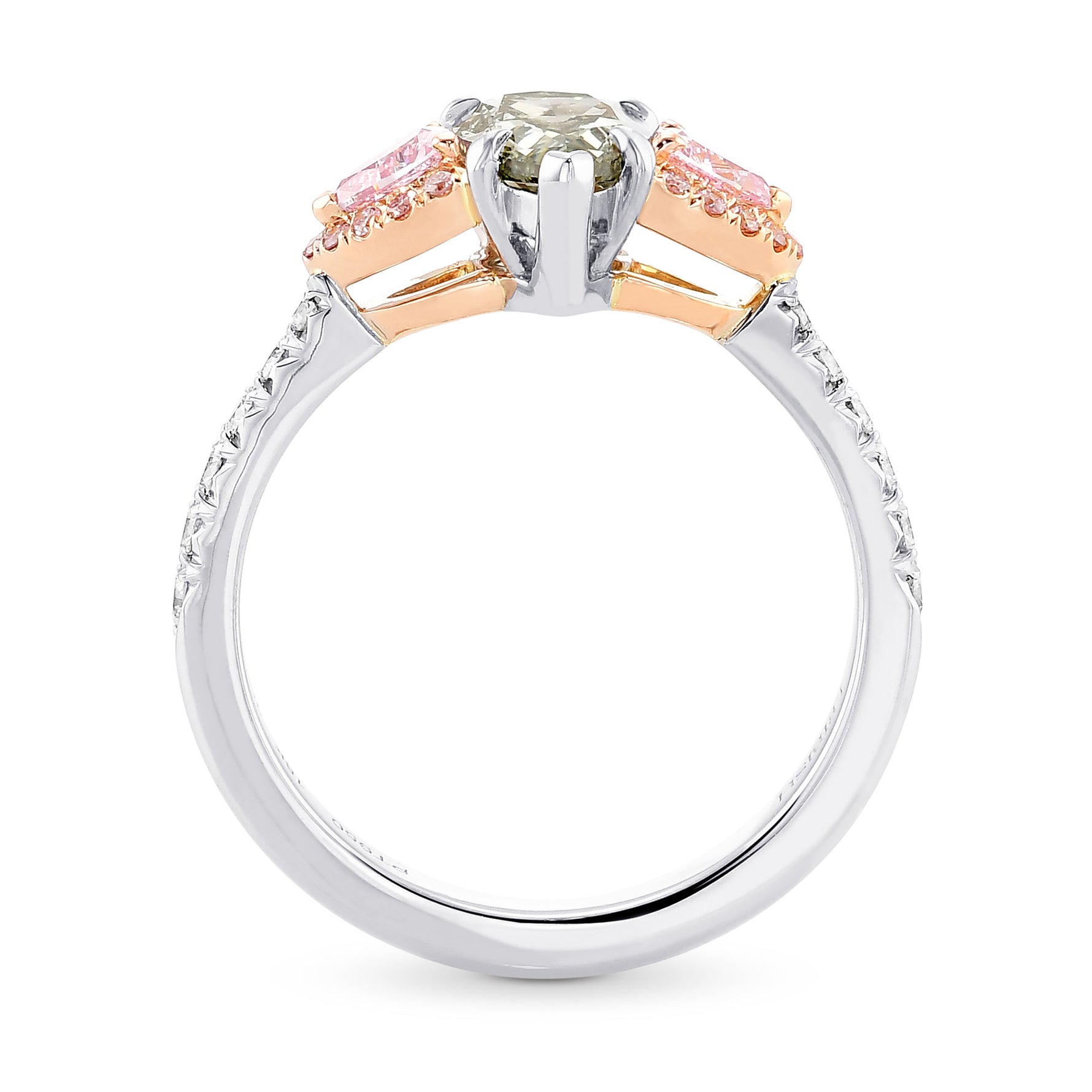 Chameleon and Pink Diamond Three Stone Ring
