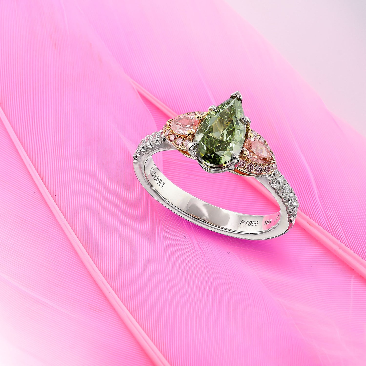 Chameleon and Pink Diamond Three Stone Ring