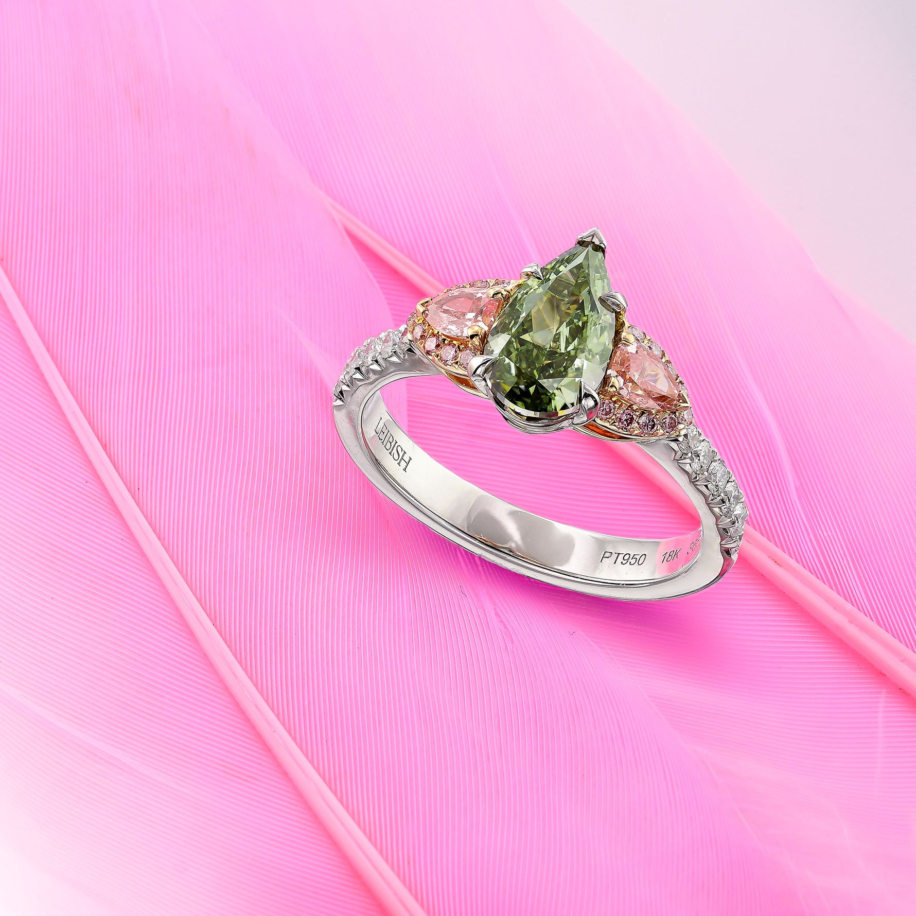 Chameleon and Pink Diamond Three Stone Ring