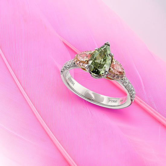Chameleon and Pink Diamond Three Stone Ring
