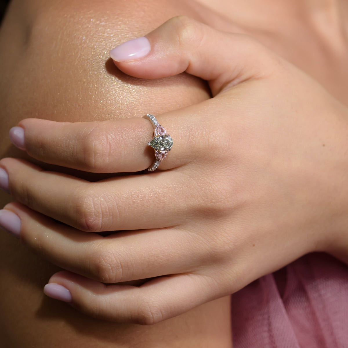 Chameleon and Pink Diamond Three Stone Ring