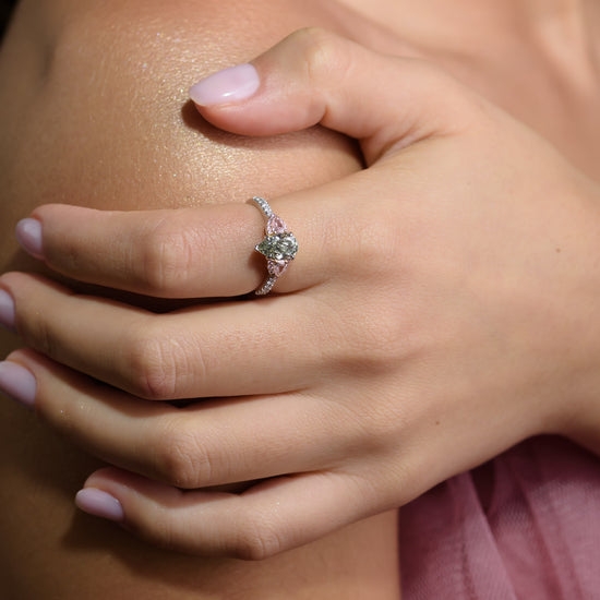 Chameleon and Pink Diamond Three Stone Ring