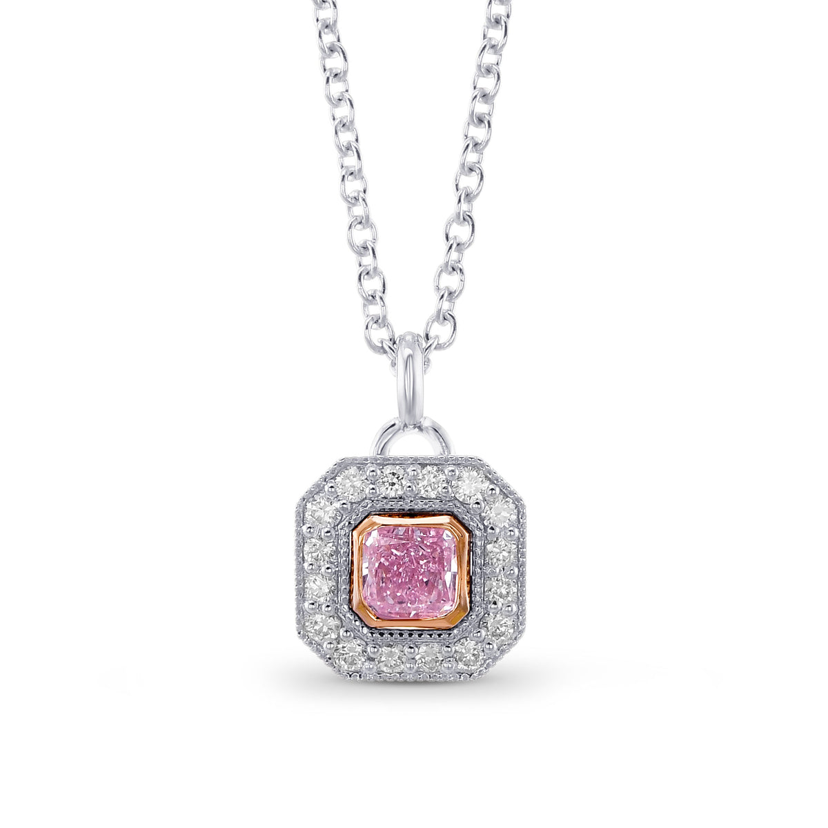 Fancy Intense Purplish Pink Radiant Diamond Halo Pendant