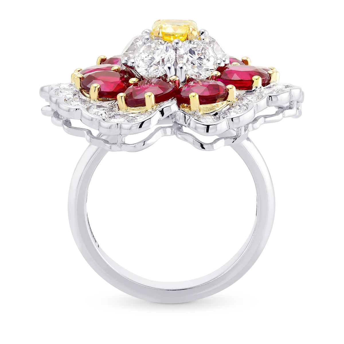 Fancy Intense Yellow Cushion Diamond & Ruby Ring