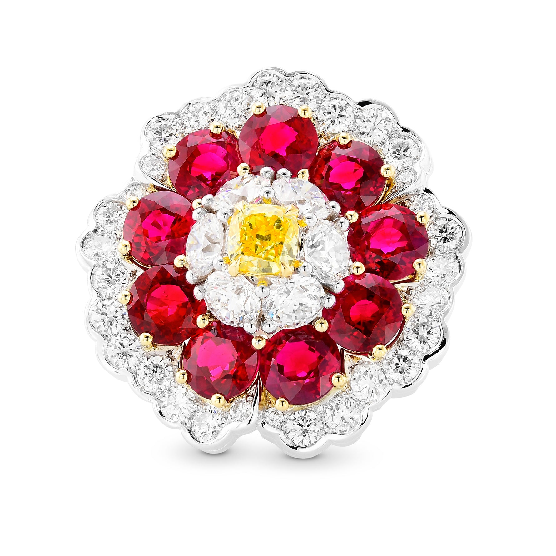 Fancy Intense Yellow Cushion Diamond & Ruby Ring