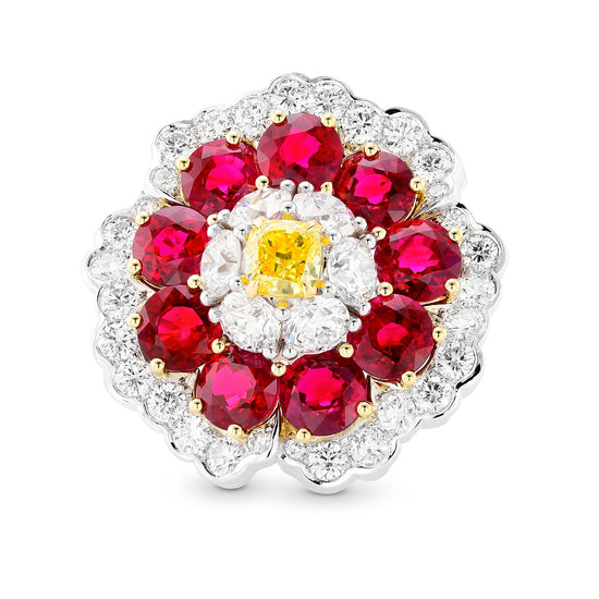 Fancy Intense Yellow Cushion Diamond & Ruby Ring