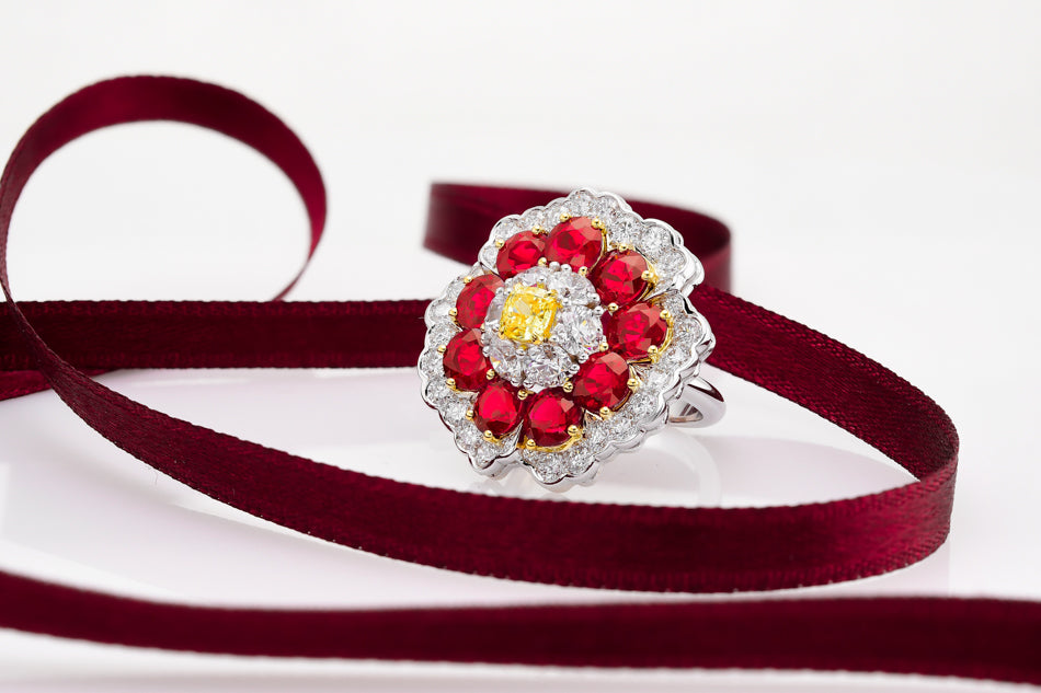 Fancy Intense Yellow Cushion Diamond & Ruby Ring