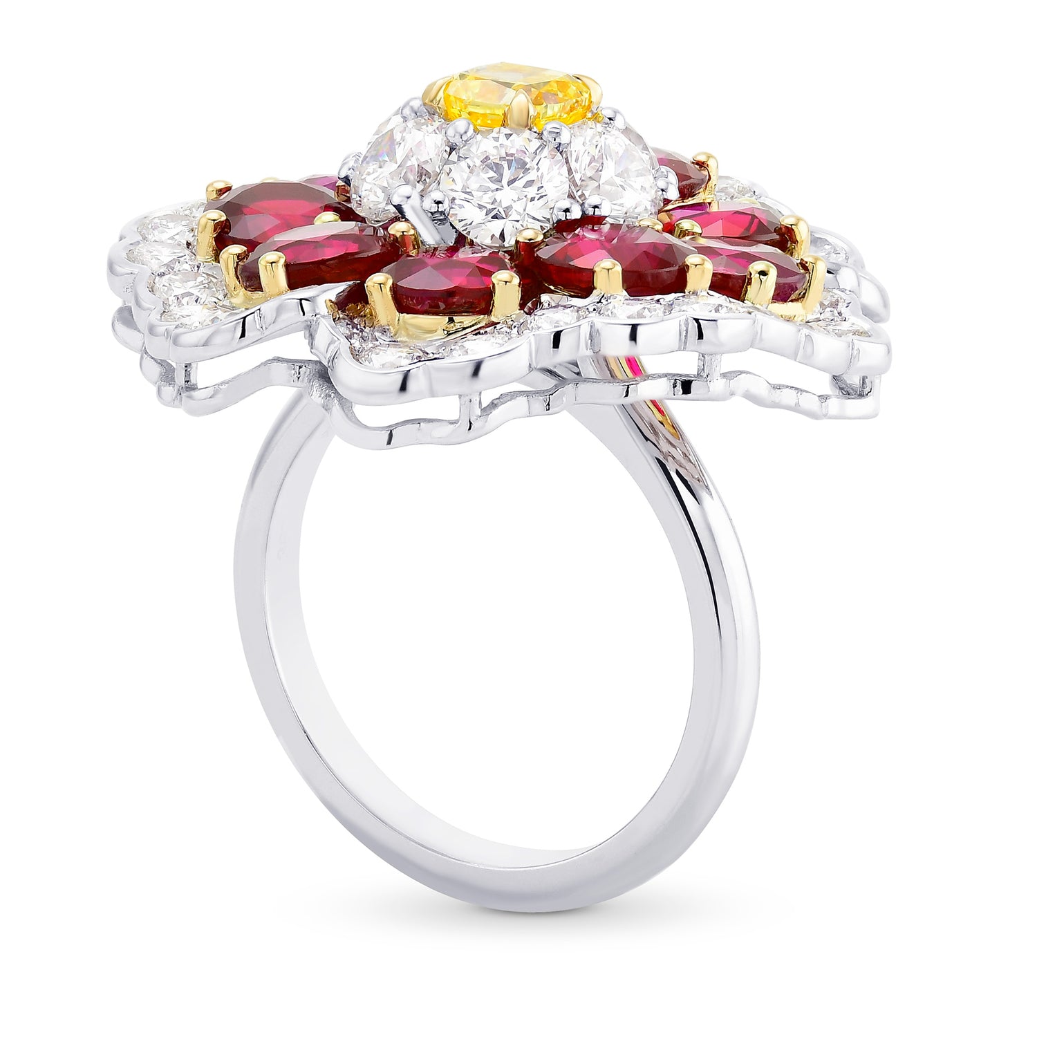 Fancy Intense Yellow Cushion Diamond & Ruby Ring