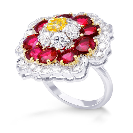 Fancy Intense Yellow Cushion Diamond & Ruby Ring