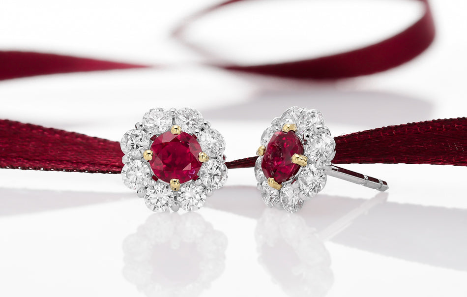 Pigeon Blood Ruby & Diamond Floral Halo Earrings 