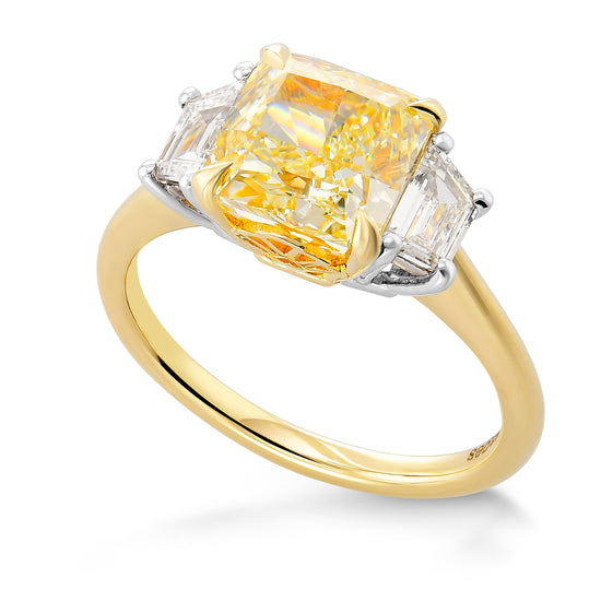 Fancy Light Yellow Radiant & Trapezoid Diamond 3 Stone Ring