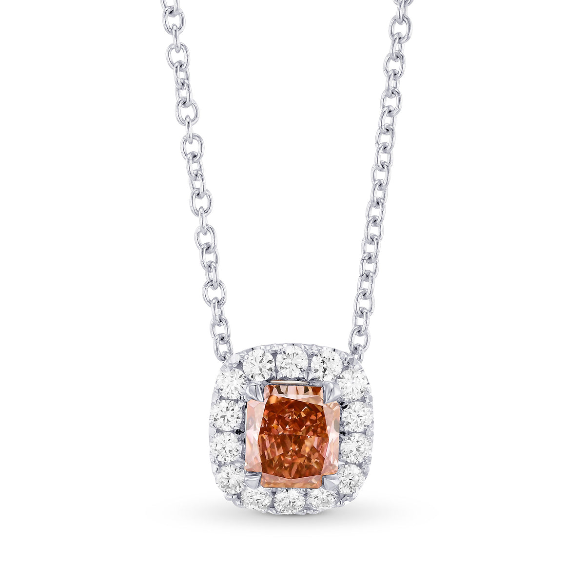  Fancy Deep Brownish Orangy Pink Radiant Diamond Halo Pendant