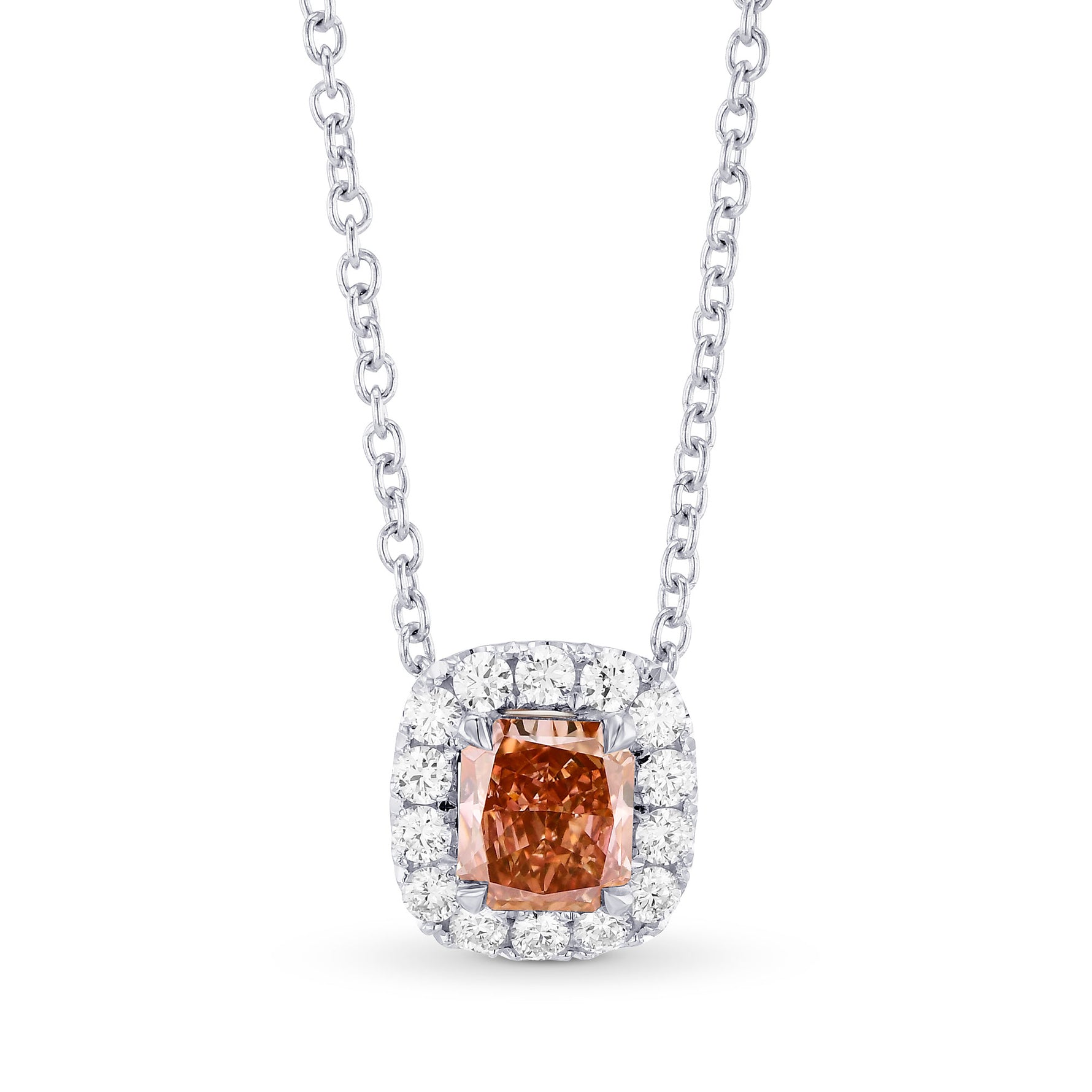  Fancy Deep Brownish Orangy Pink Radiant Diamond Halo Pendant