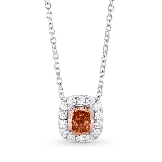  Fancy Deep Brownish Orangy Pink Radiant Diamond Halo Pendant