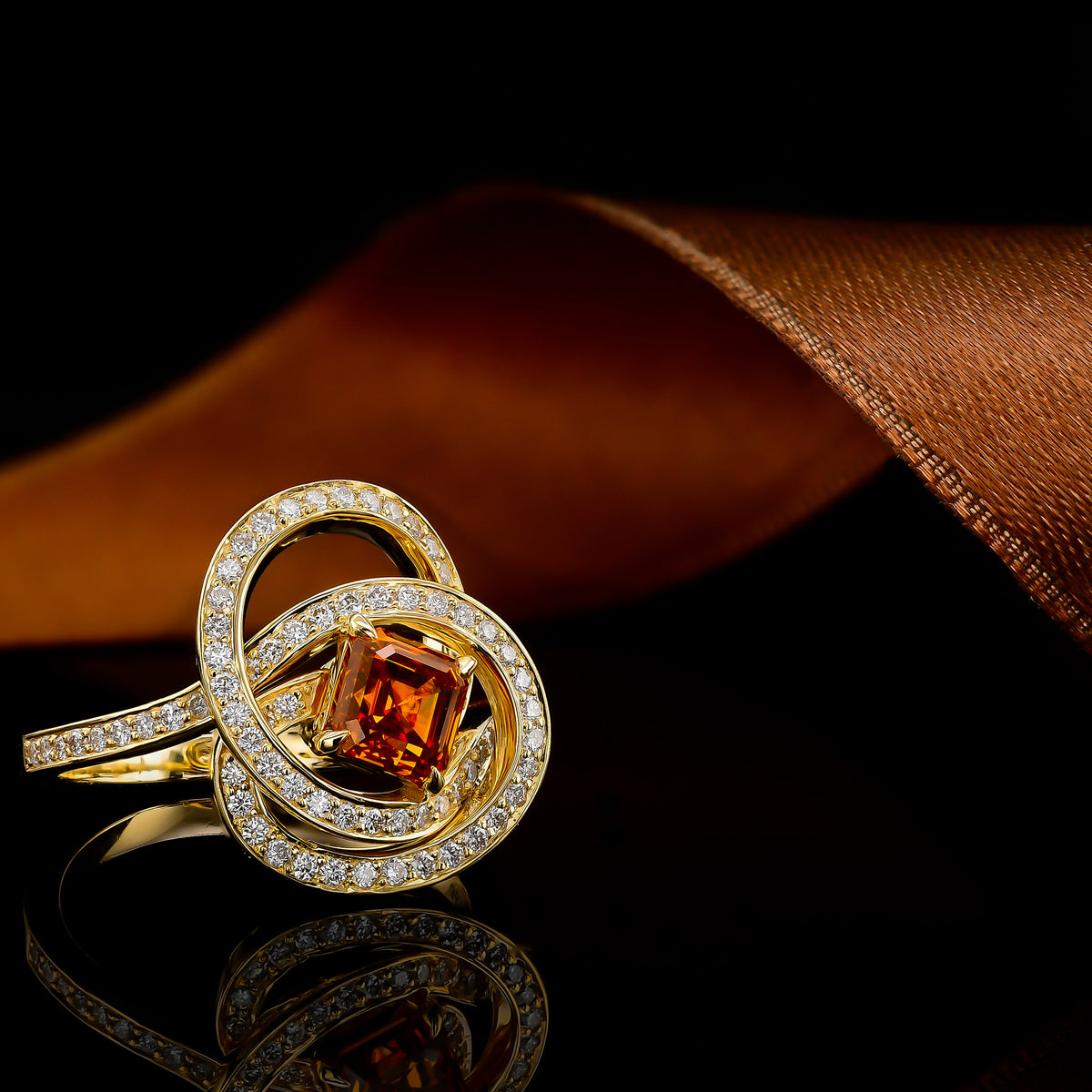 Fancy Deep Yellowish Orange Asscher Cut Diamond Crossover Dress Ring  
