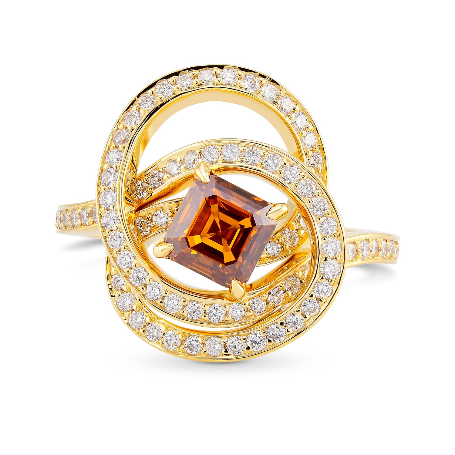 Fancy Deep Yellowish Orange Asscher Cut Diamond Crossover Dress Ring  
