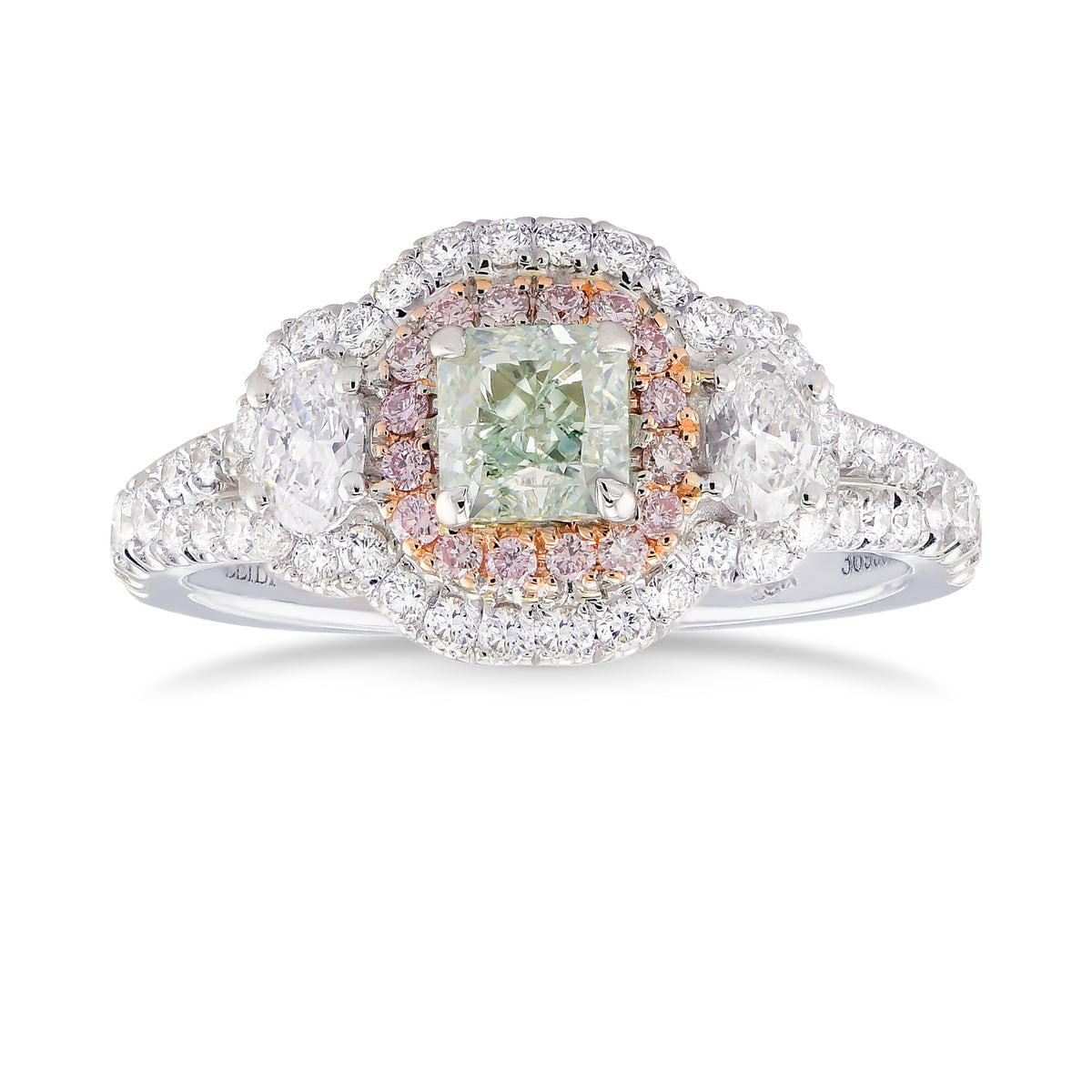 Fancy Green Radiant Diamond & Oval 3 Stone Halo Ring 