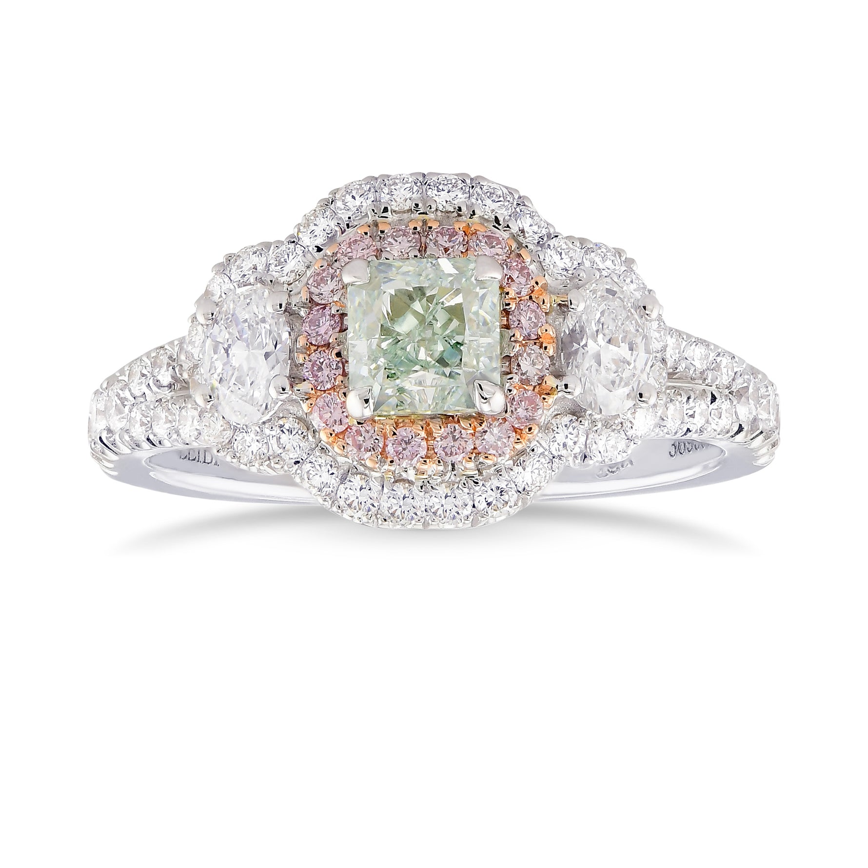 Fancy Green Radiant Diamond & Oval 3 Stone Halo Ring 