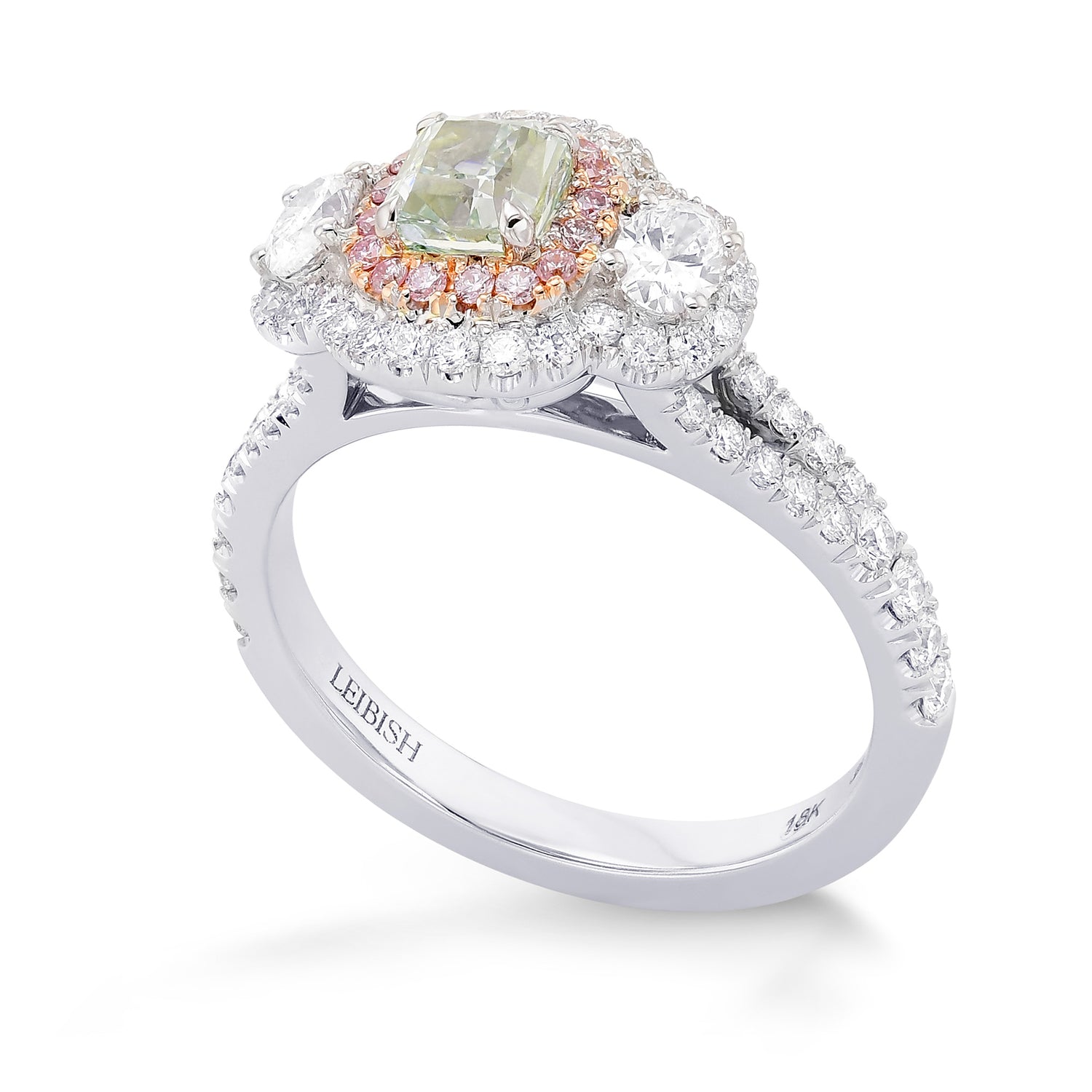 Fancy Green Radiant Diamond & Oval 3 Stone Halo Ring 