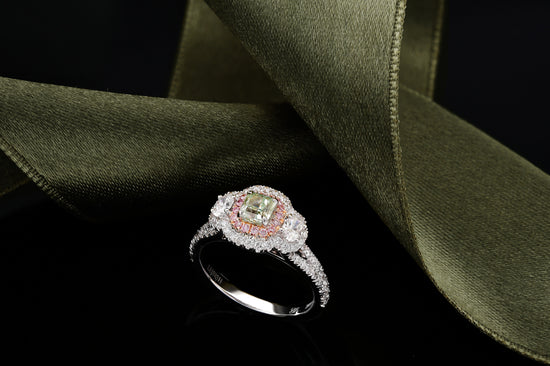 Fancy Green Radiant Diamond & Oval 3 Stone Halo Ring 
