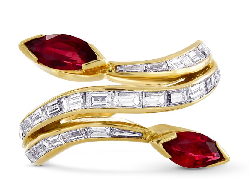 Marquise Red Ruby & Diamond Designer Crossover Ring