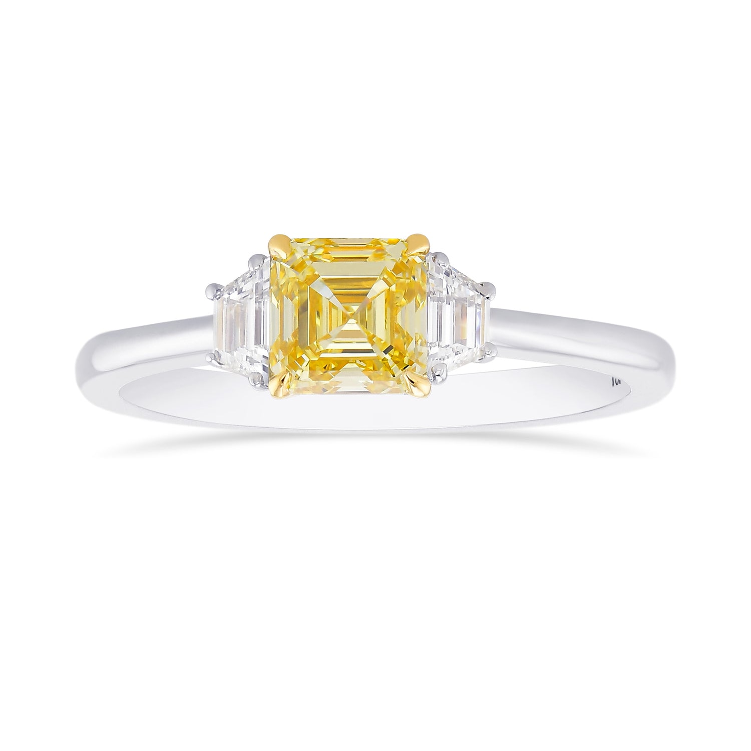 Fancy Intense Yellow Asscher Diamond 3 Stone Ring