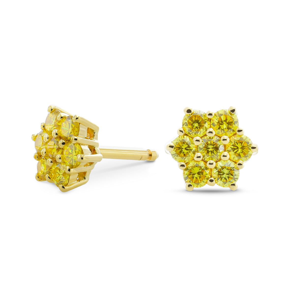 Fancy Vivid Yellow Round Pave Diamond Floral Stud Earrings