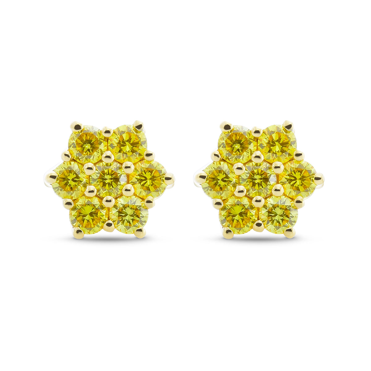 Fancy Vivid Yellow Round Pave Diamond Floral Stud Earrings