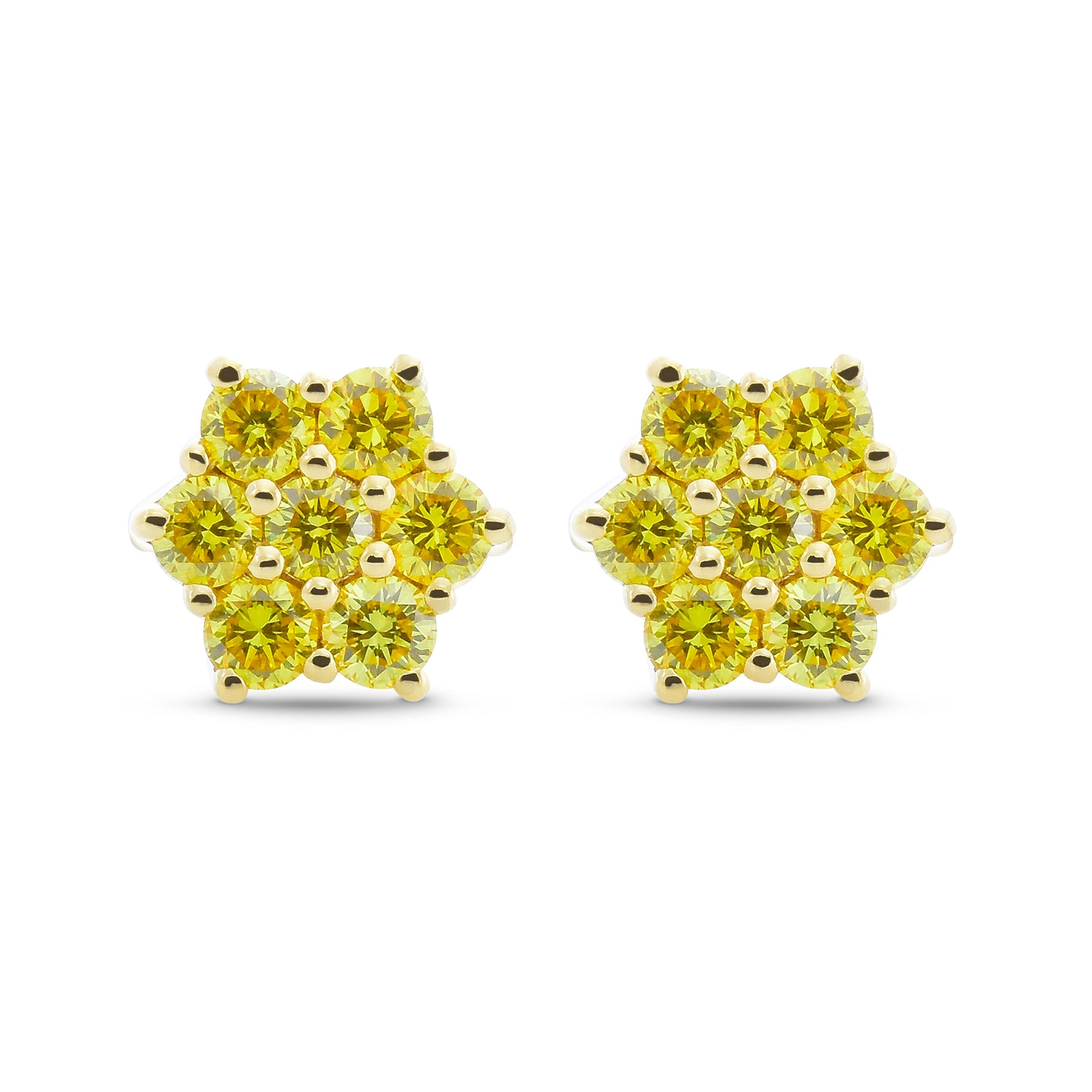 Fancy Vivid Yellow Round Pave Diamond Floral Stud Earrings