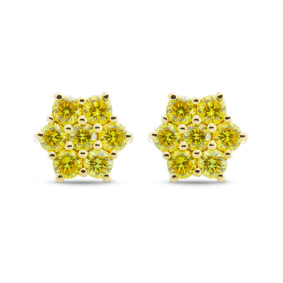 Fancy Vivid Yellow Round Pave Diamond Floral Stud Earrings