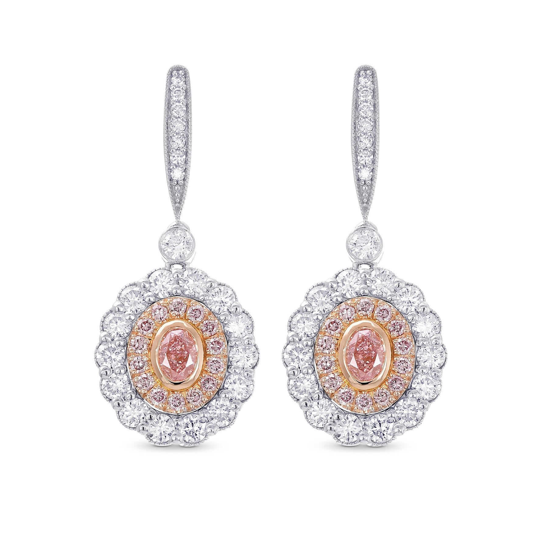 Fancy Pink Oval Diamonds Drop Halo Earrings