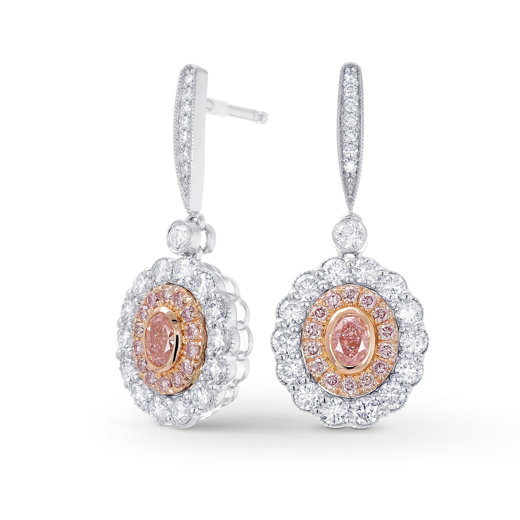 Fancy Pink Oval Diamonds Drop Halo Earrings