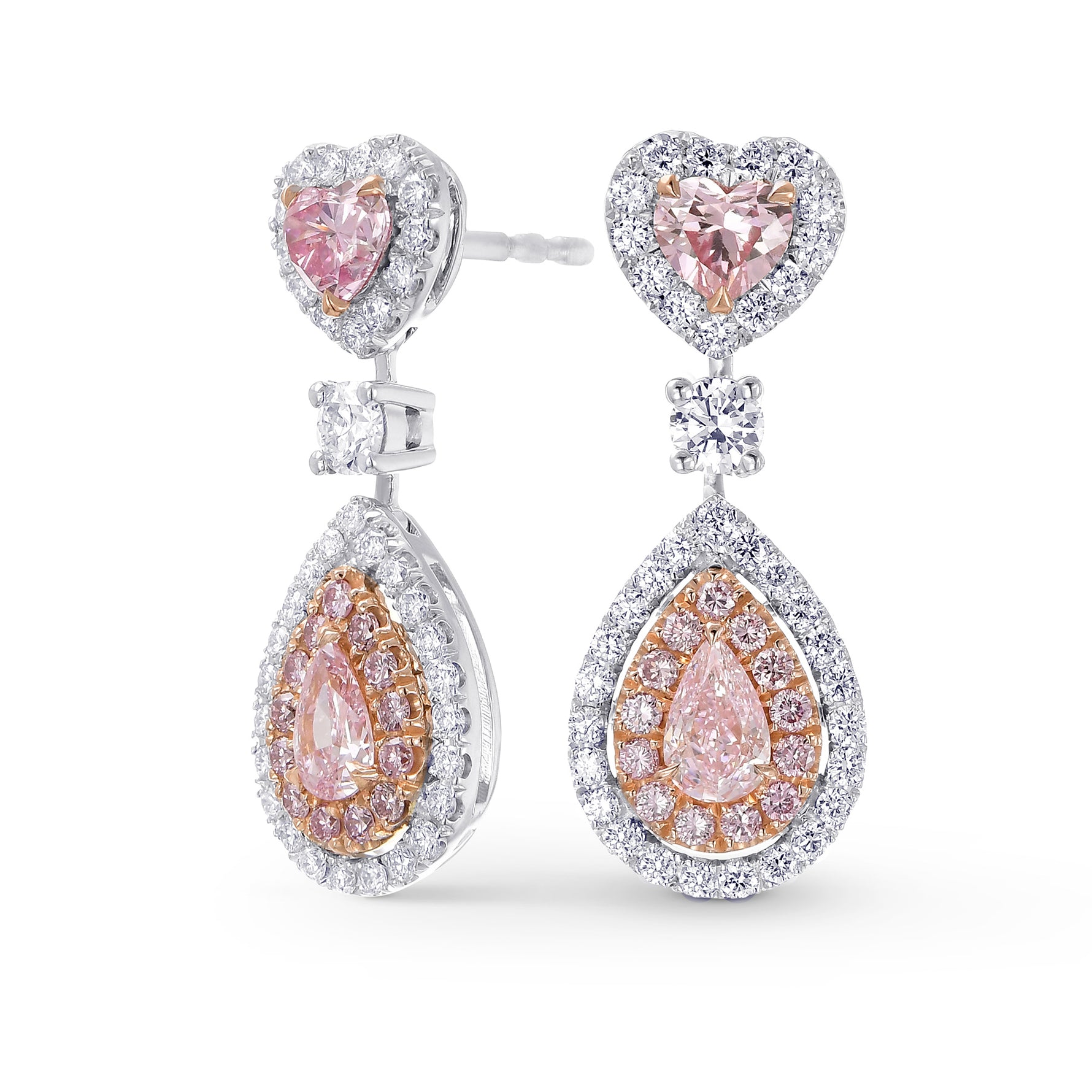 Argyle Fancy Intense Pink Heart and Pear shape Diamond Drop Earrings