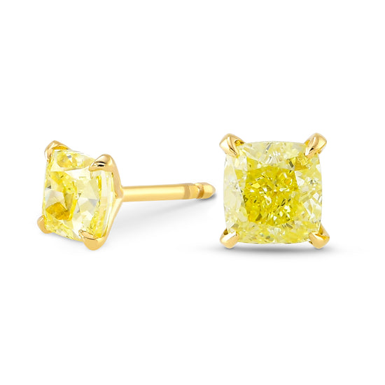 Fancy Yellow Cushion Diamond Stud Earrings