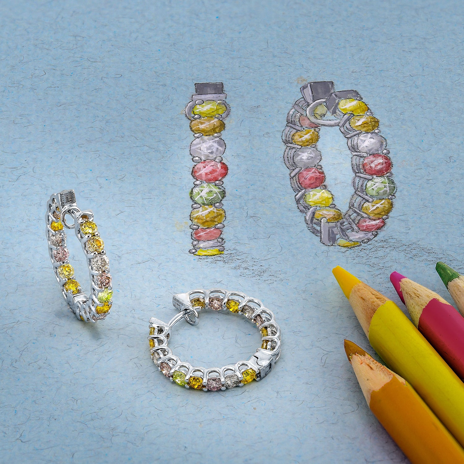 Multicolored Diamond Hoop Earrings