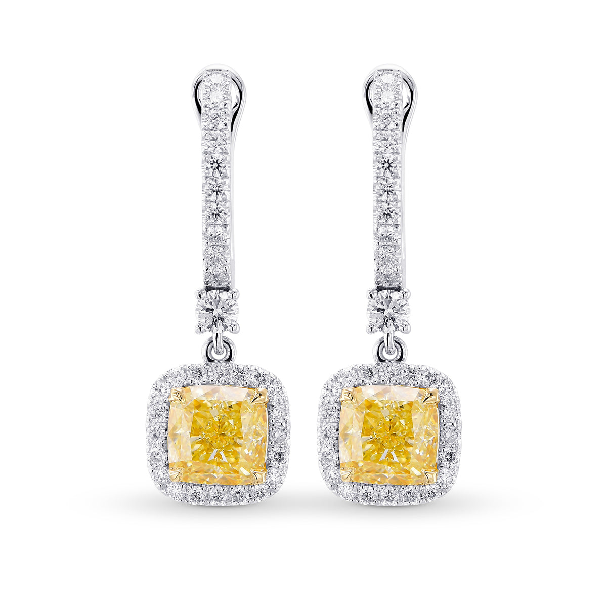 Light Yellow Diamond Cushion Drop Halo Earrings 