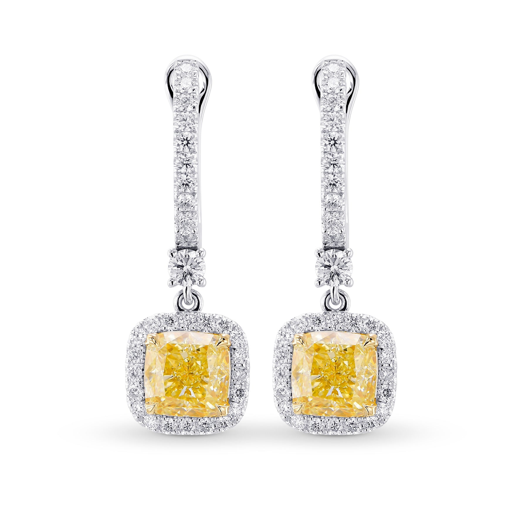 Light Yellow Diamond Cushion Drop Halo Earrings 
