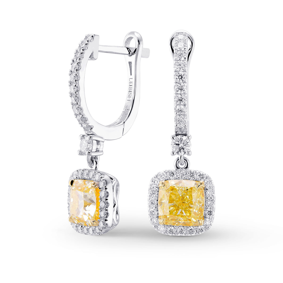 Light Yellow Diamond Cushion Drop Halo Earrings 